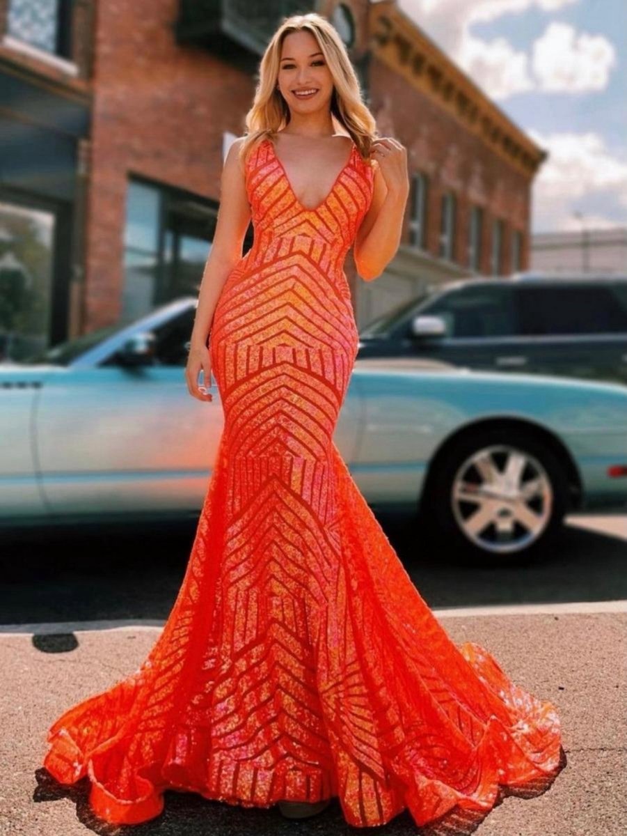 Deep V Neck Sequins Mermaid Long Prom Dresses