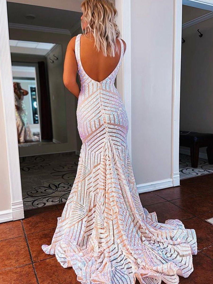 Deep V Neck Sequins Mermaid Long Prom Dresses