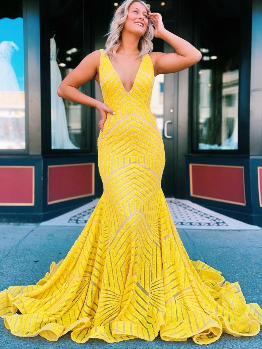 Deep V Neck Sequins Mermaid Long Prom Dresses