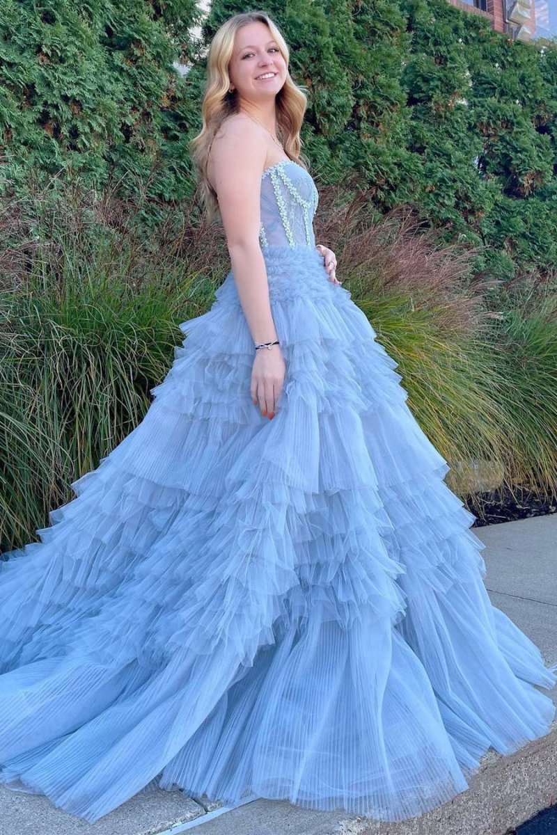 Princess A-line Strapless Tie Tulle Prom Dresses
