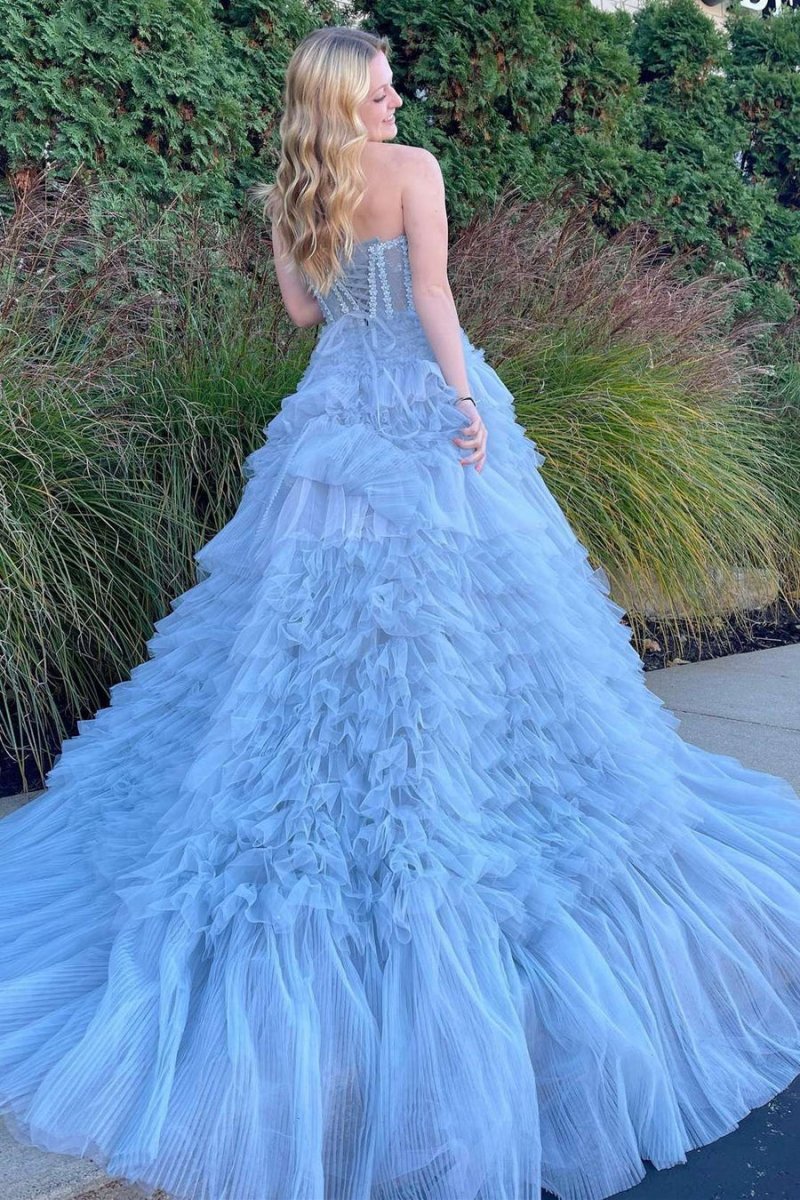 Princess A-line Strapless Tie Tulle Prom Dresses