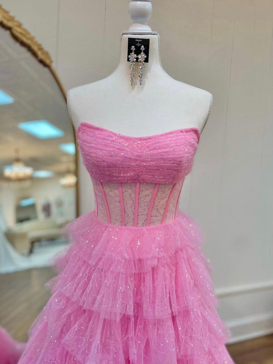 A-line Strapless Corset Glitter Tulle Prom Dresses with Ruffles