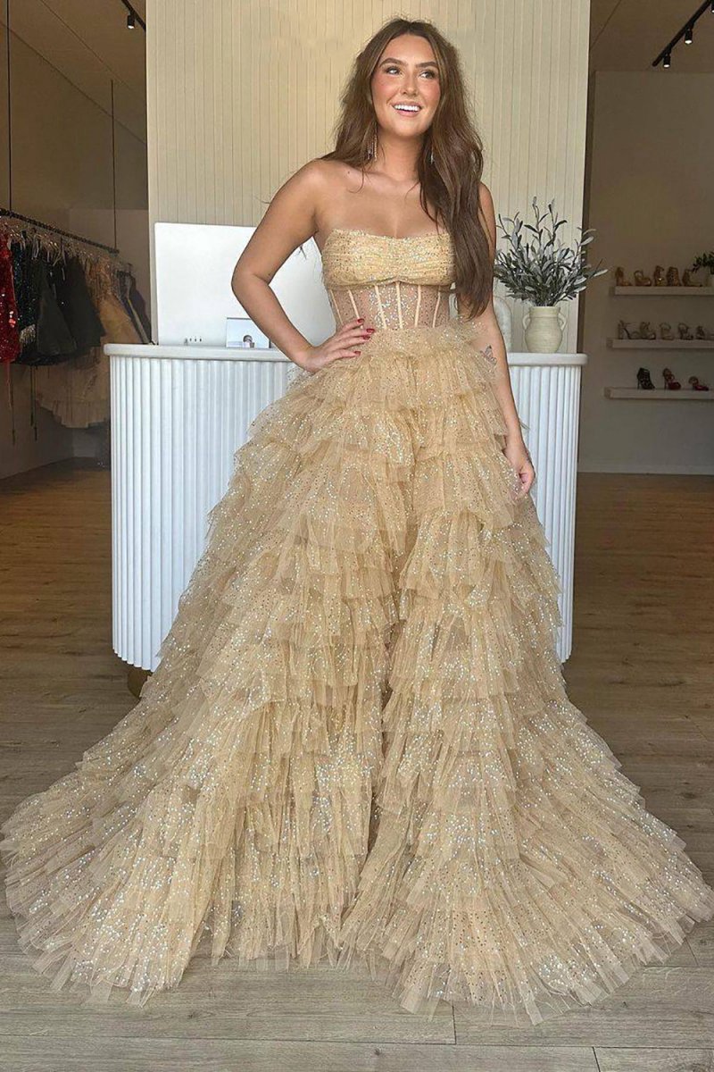 A-line Strapless Corset Glitter Tulle Prom Dresses with Ruffles