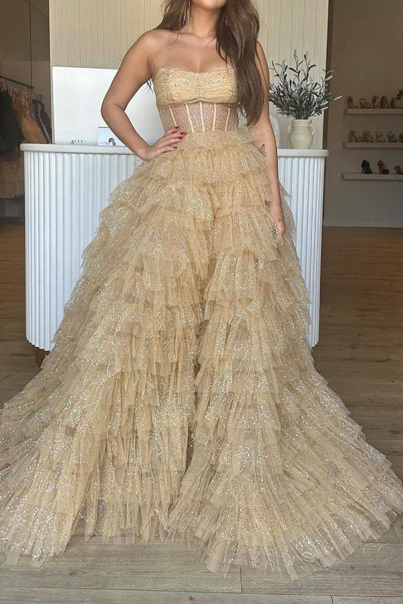 A-line Strapless Corset Glitter Tulle Prom Dresses with Ruffles