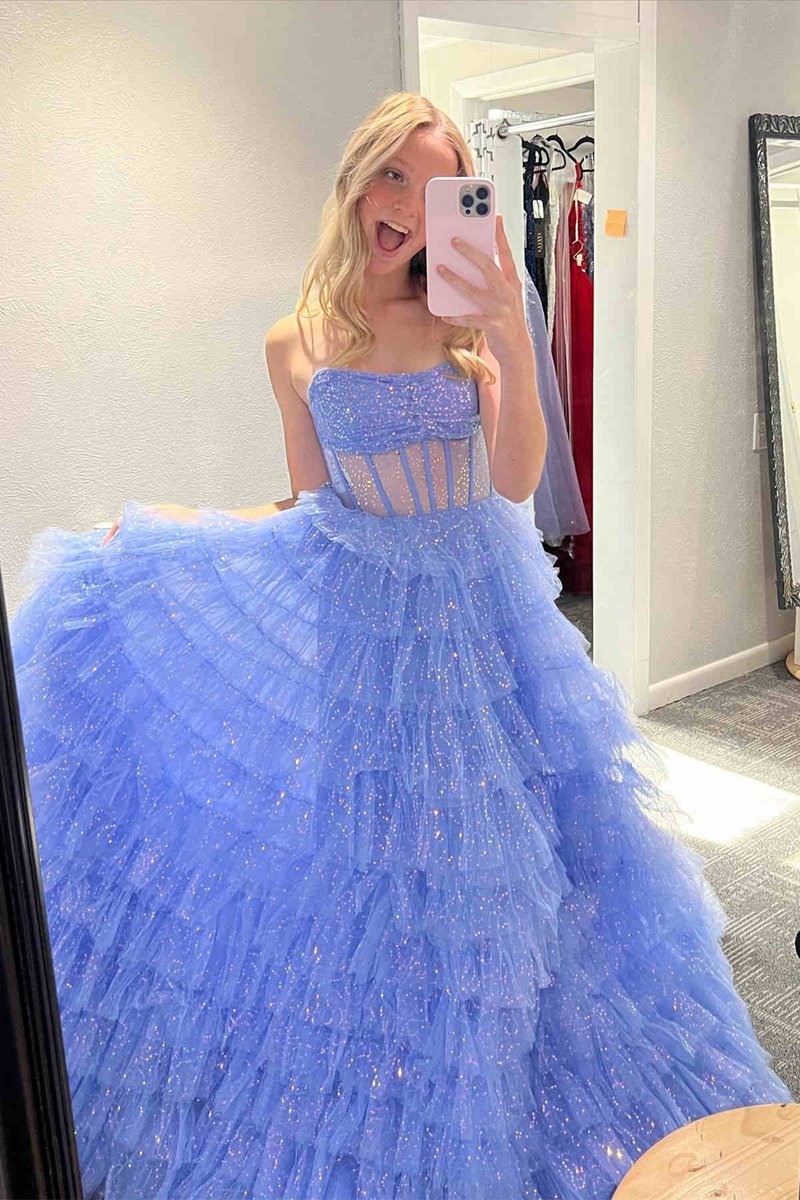 A-line Strapless Corset Glitter Tulle Prom Dresses with Ruffles