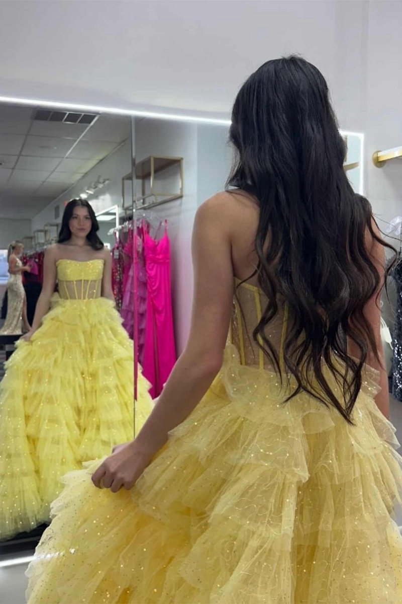 A-line Strapless Corset Glitter Tulle Prom Dresses with Ruffles