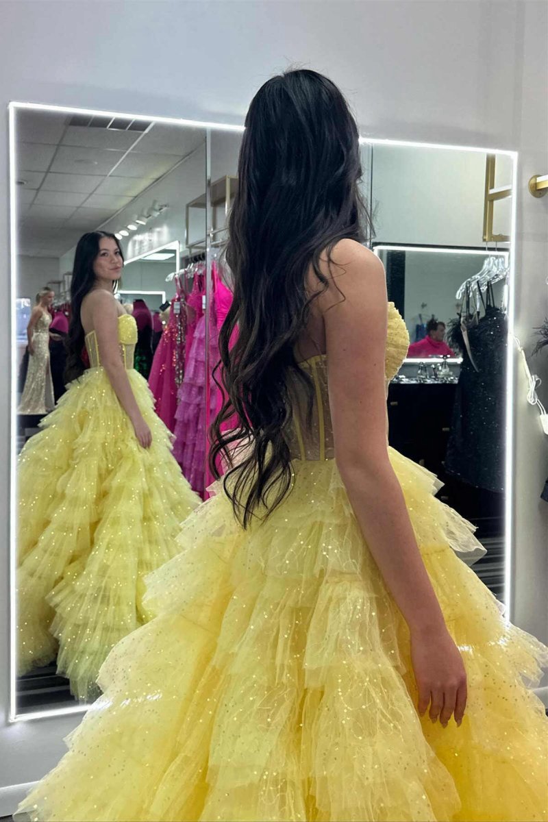 A-line Strapless Corset Glitter Tulle Prom Dresses with Ruffles