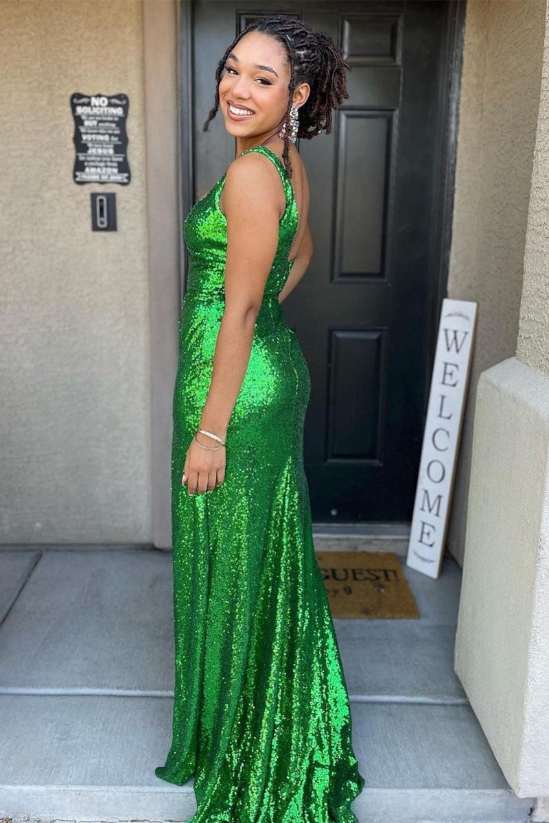 Mermaid Square Neck Sequins Long Prom Dresses with Slit