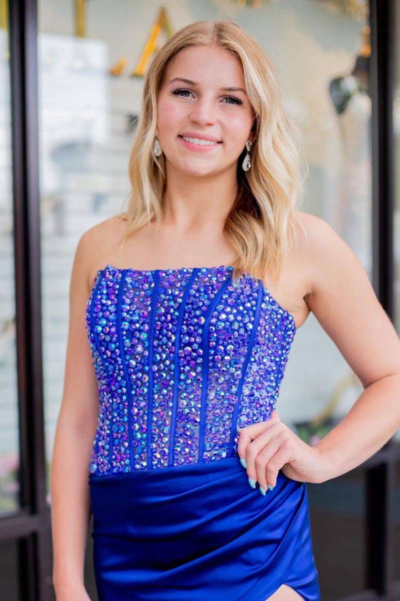 Sheath Strapless Satin Prom Dresses with Slit
