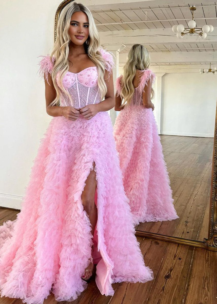 A-line Sweetheart Tie Tulle Long Prom Dresses with Slit