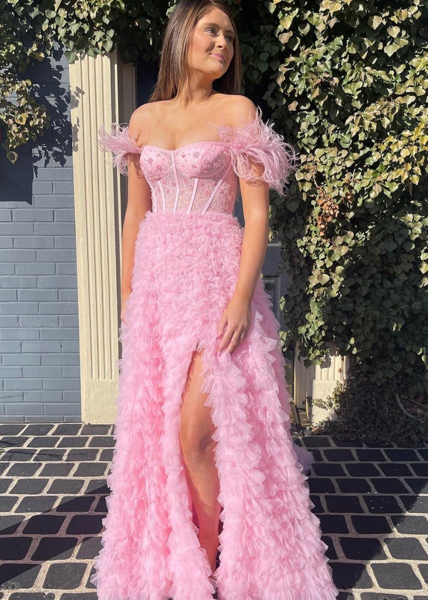 A-line Sweetheart Tie Tulle Long Prom Dresses with Slit