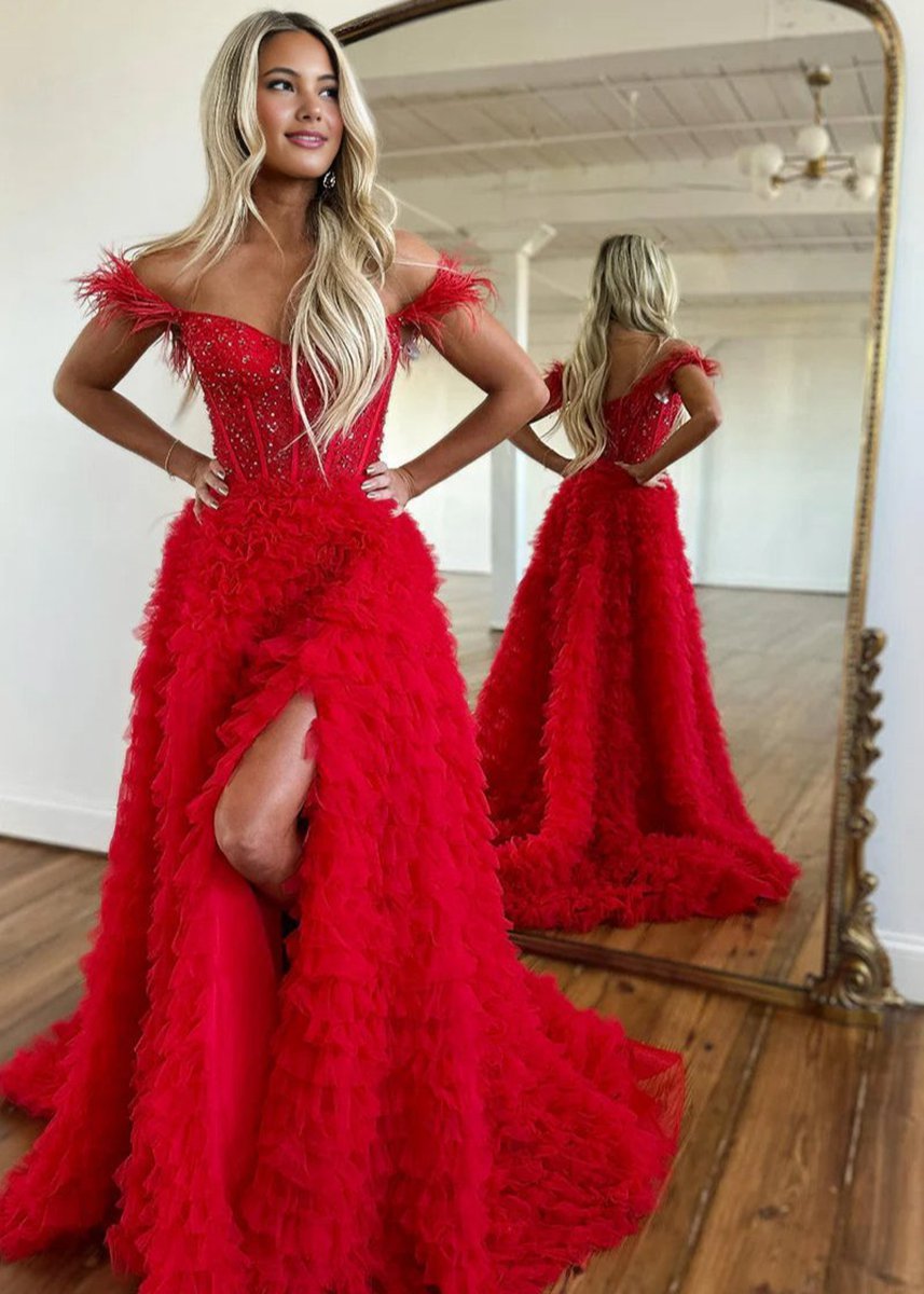 A-line Sweetheart Tie Tulle Long Prom Dresses with Slit