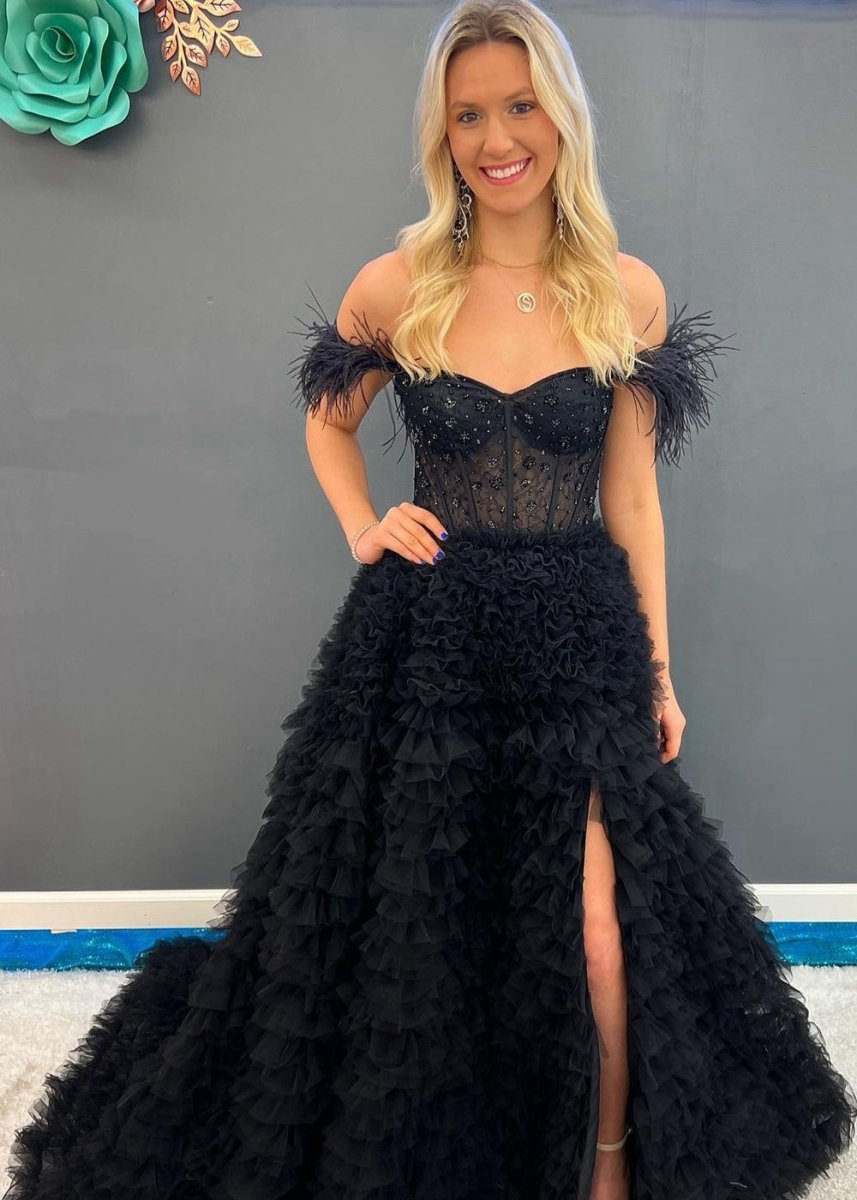 A-line Sweetheart Tie Tulle Long Prom Dresses with Slit