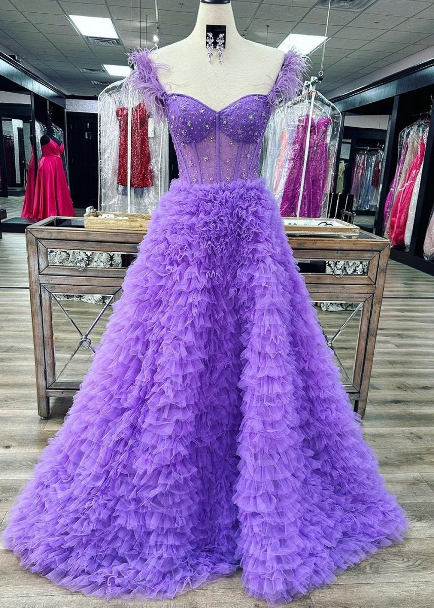 A-line Sweetheart Tie Tulle Long Prom Dresses with Slit