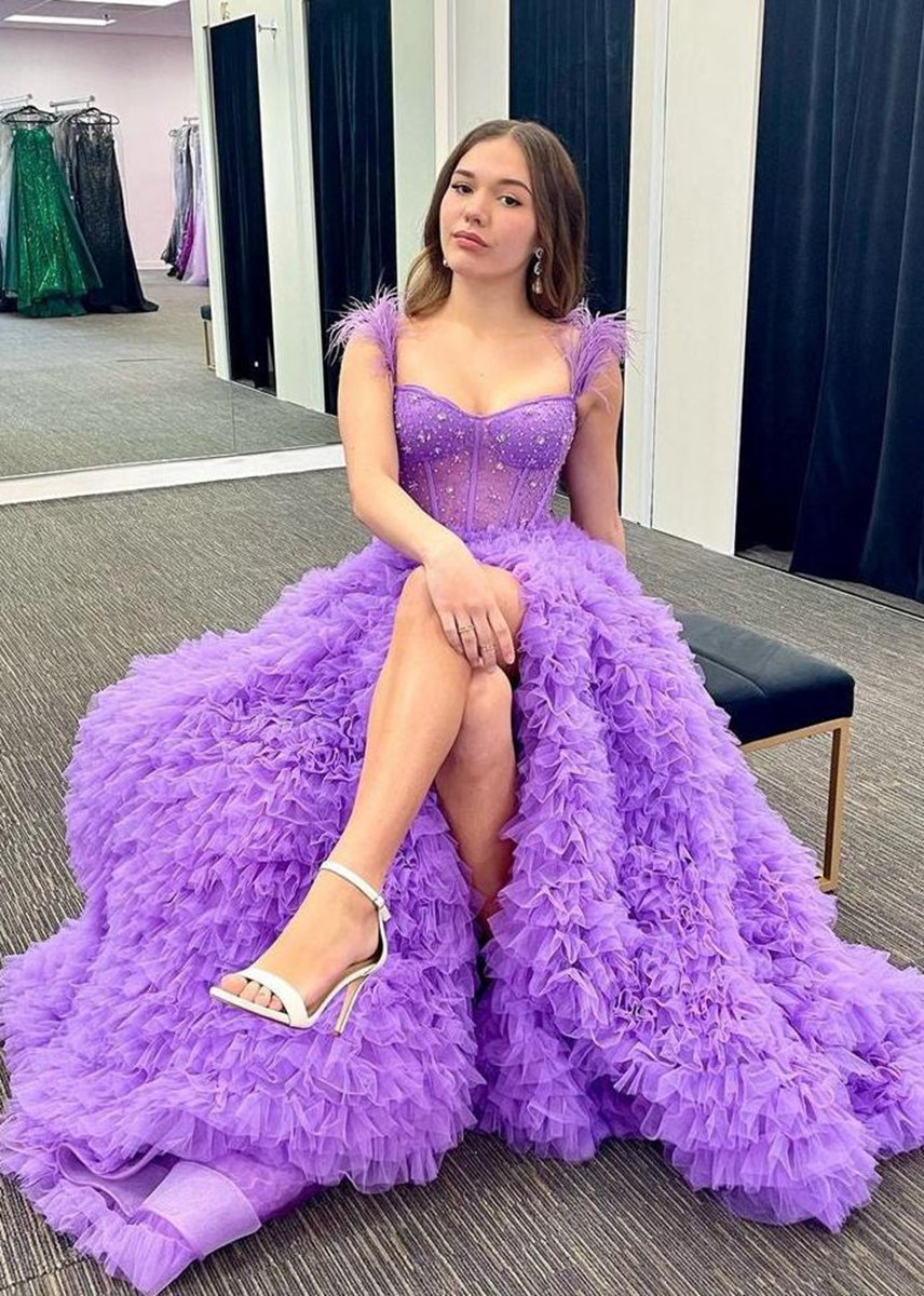 A-line Sweetheart Tie Tulle Long Prom Dresses with Slit