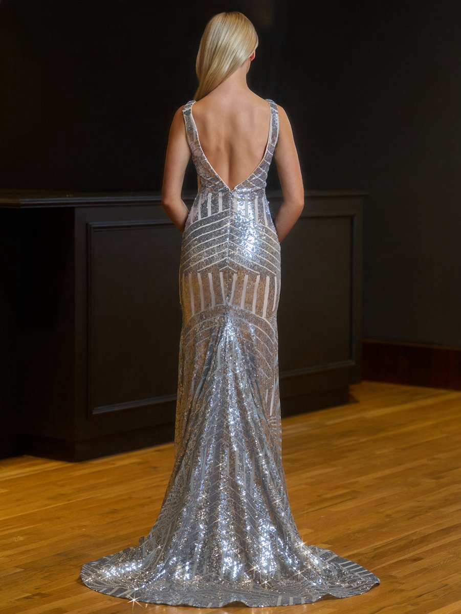 Mermaid Deep V Neck Sequins Prom Dresses