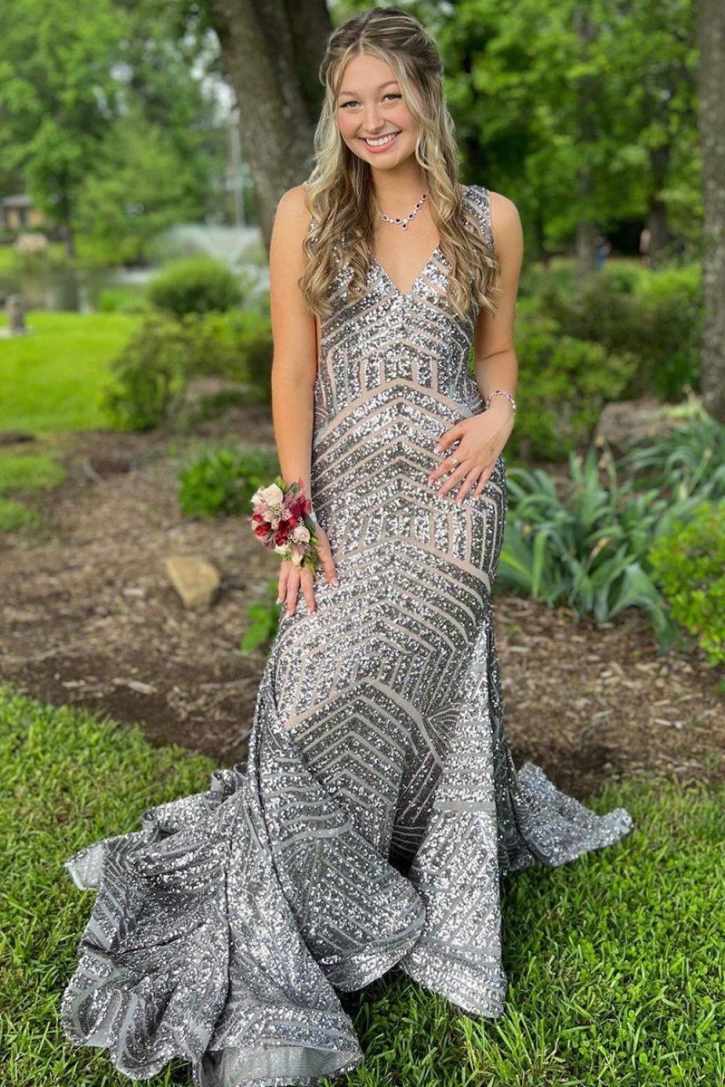 Mermaid Deep V Neck Sequins Prom Dresses