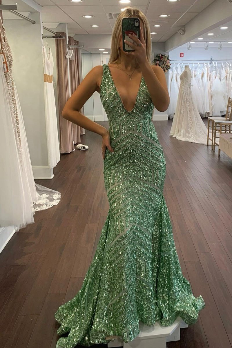 Mermaid Deep V Neck Sequins Prom Dresses