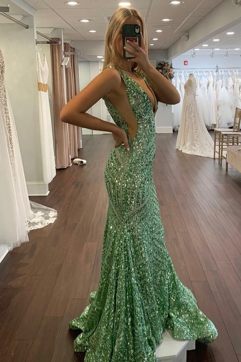 Mermaid Deep V Neck Sequins Prom Dresses