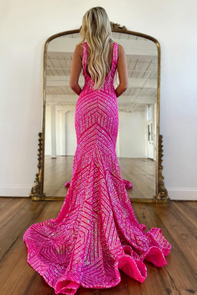 Mermaid Deep V Neck Sequins Prom Dresses