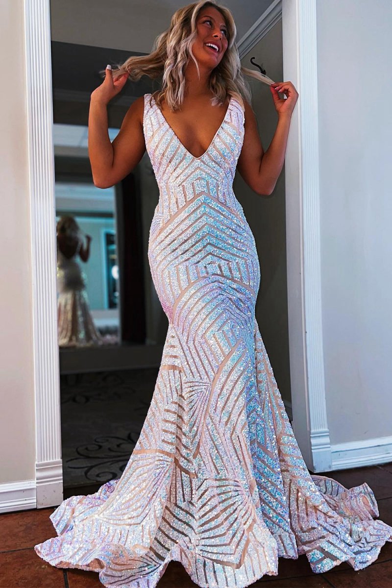 Mermaid Deep V Neck Sequins Prom Dresses