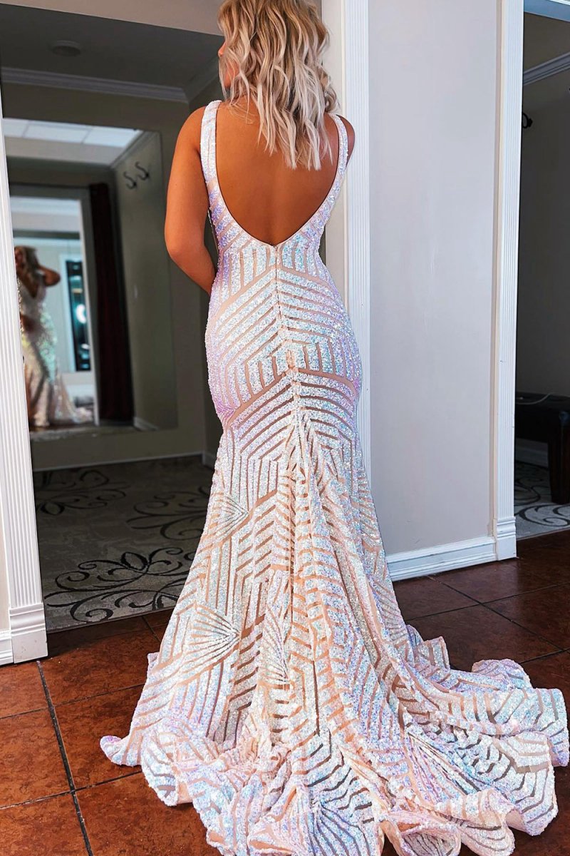 Mermaid Deep V Neck Sequins Prom Dresses