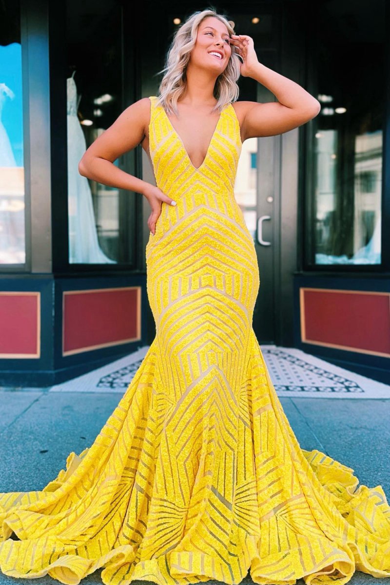 Mermaid Deep V Neck Sequins Prom Dresses