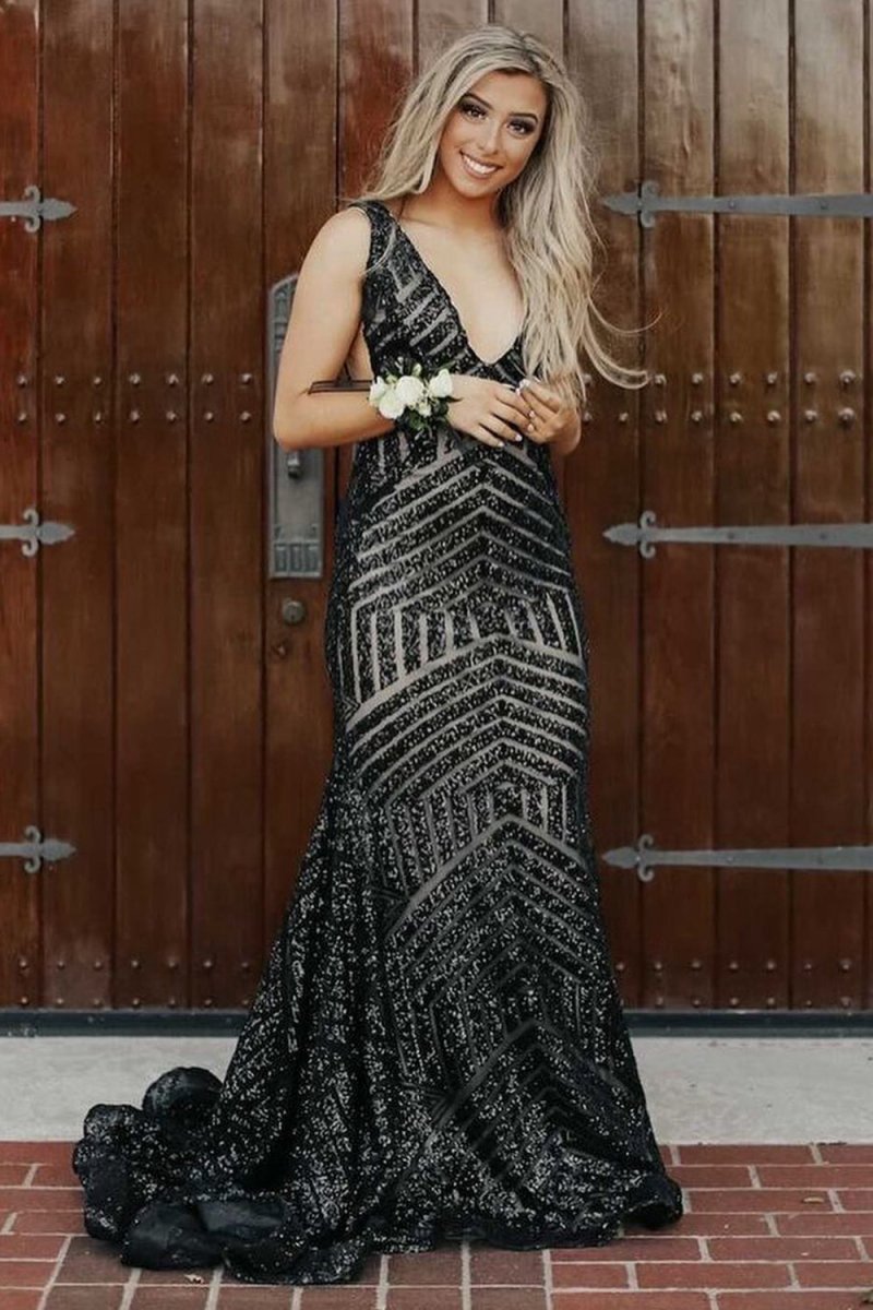 Mermaid Deep V Neck Sequins Prom Dresses