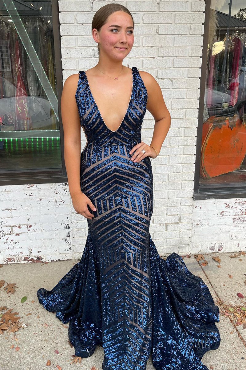 Mermaid Deep V Neck Sequins Prom Dresses