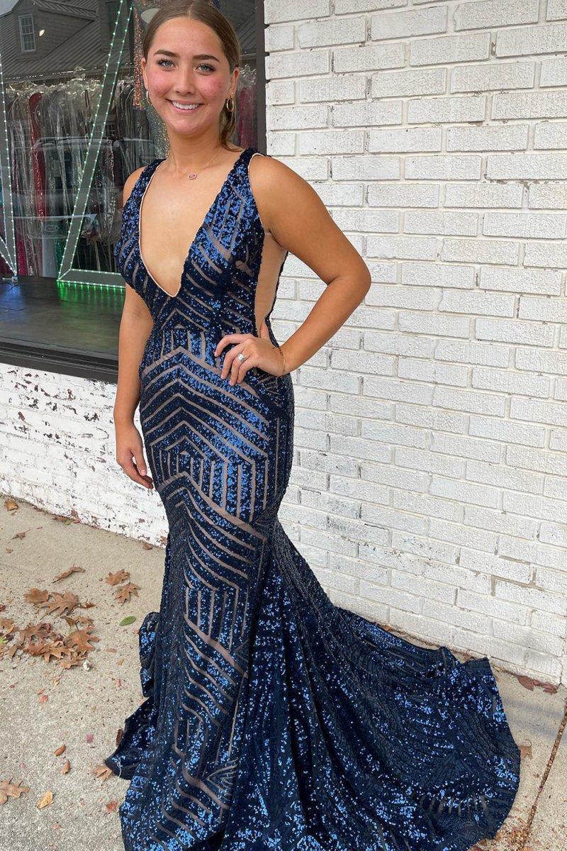 Mermaid Deep V Neck Sequins Prom Dresses