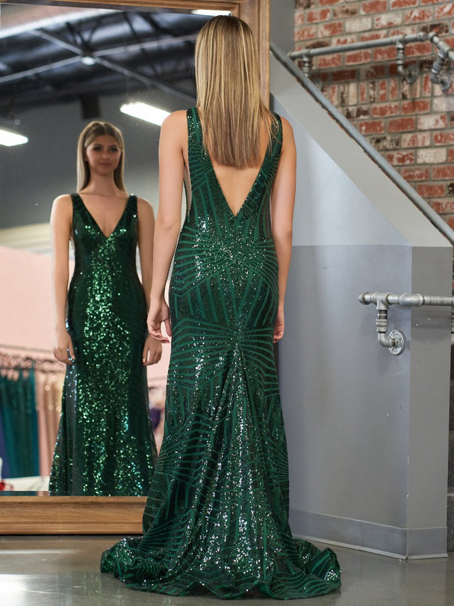 Mermaid Deep V Neck Sequins Prom Dresses