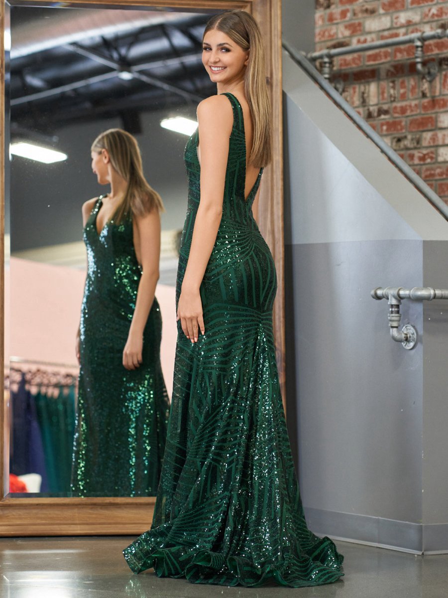 Mermaid Deep V Neck Sequins Prom Dresses