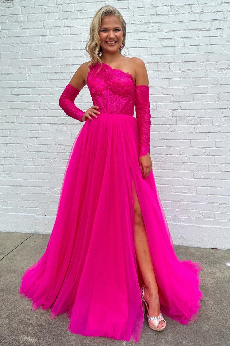 A-line One Shoulder Lace Tulle Prom Dresses with Slit