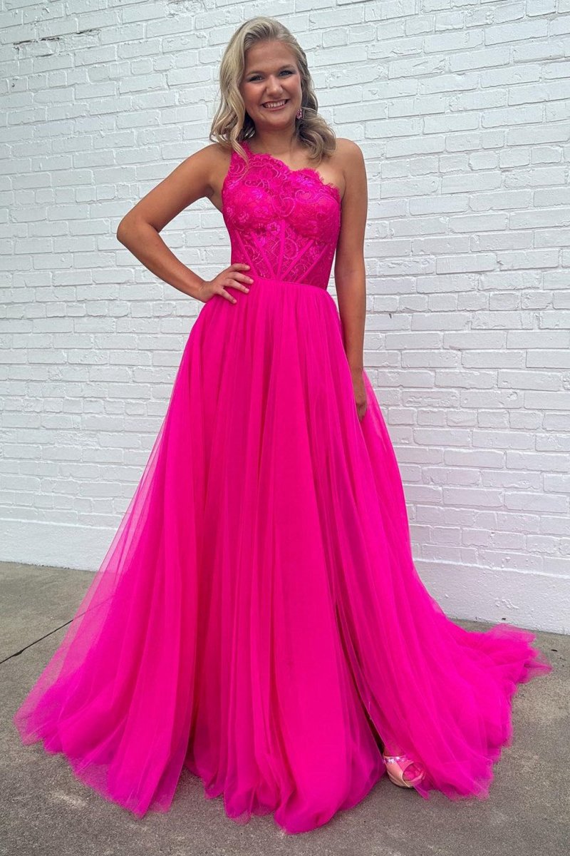 A-line One Shoulder Lace Tulle Prom Dresses with Slit