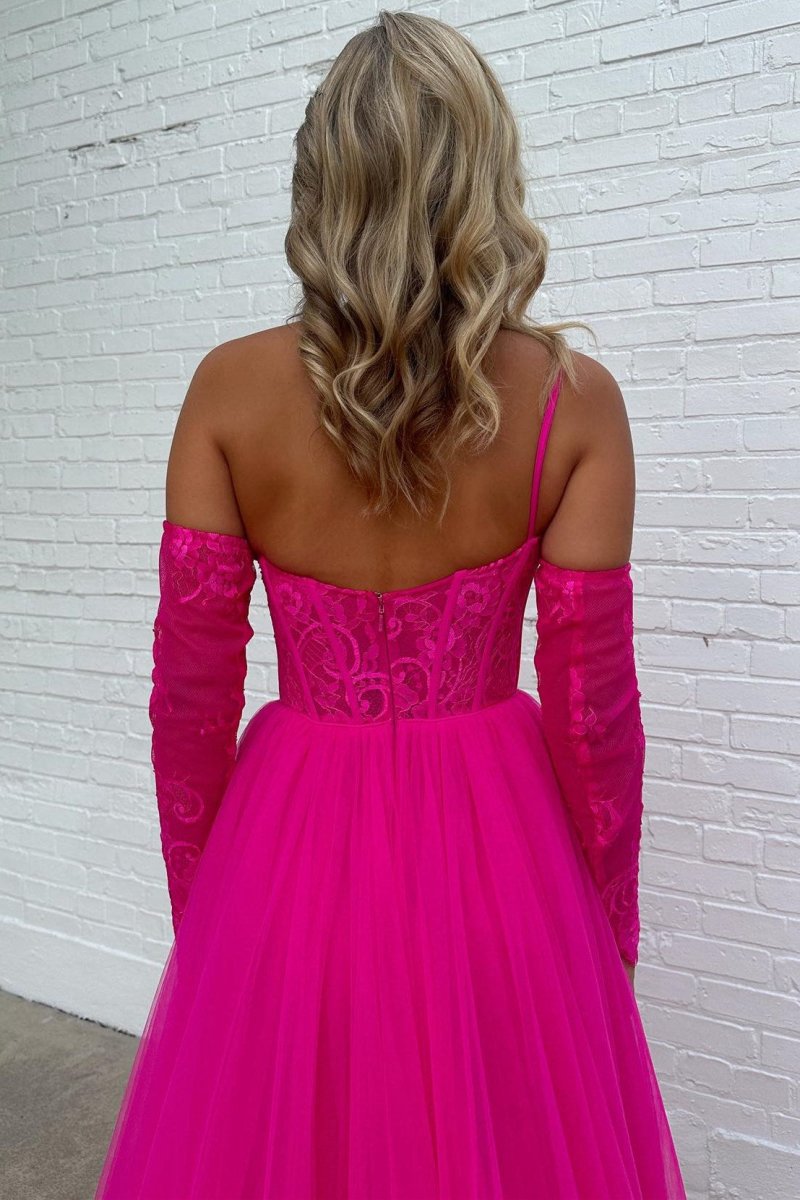A-line One Shoulder Lace Tulle Prom Dresses with Slit