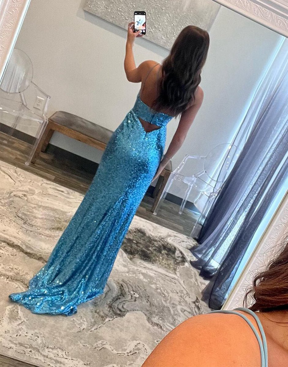 Sheath Spaghetti Strap Sequin Prom Dresses with Slit