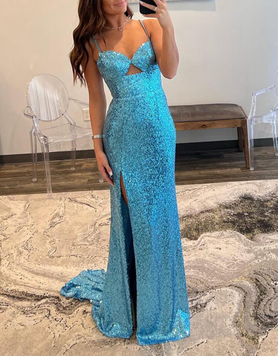 Sheath Spaghetti Strap Sequin Prom Dresses with Slit