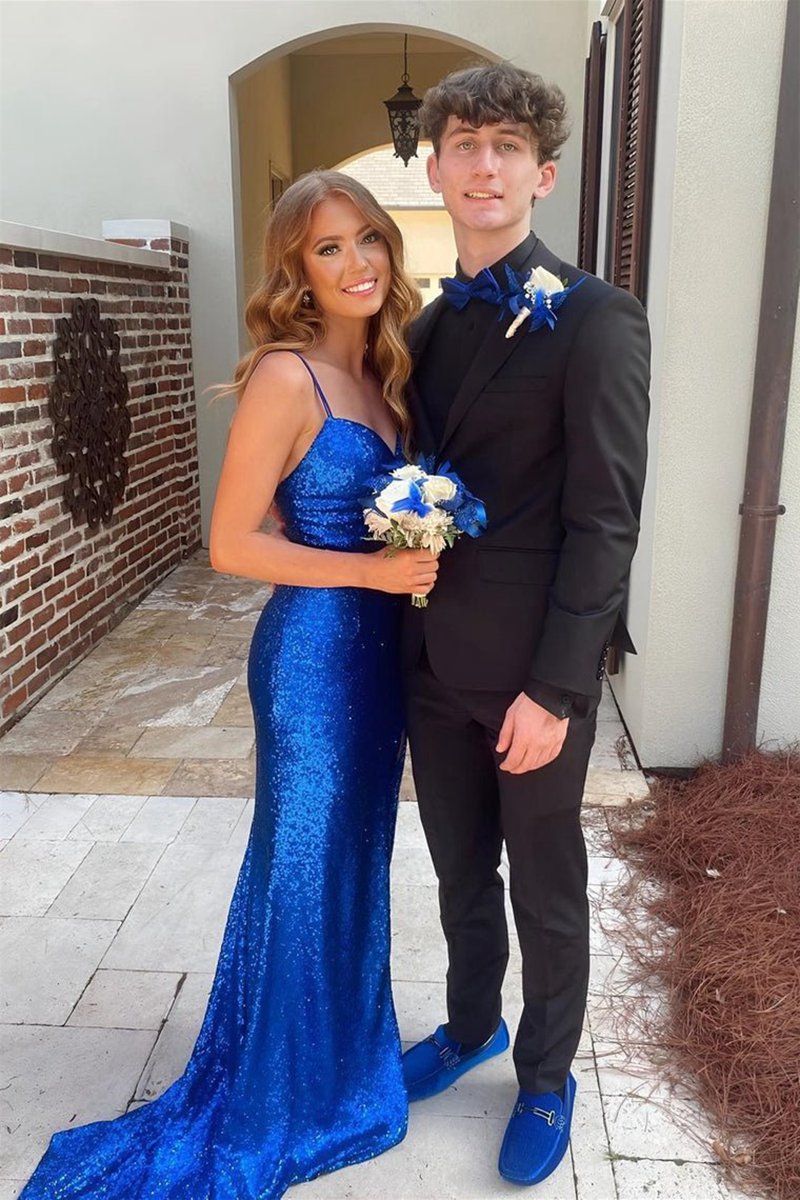 Sheath Spaghetti Strap Sequin Prom Dresses with Slit