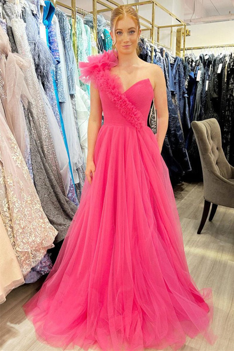 A-line One Shoulder Long Tulle Prom Dresses with Ruffles