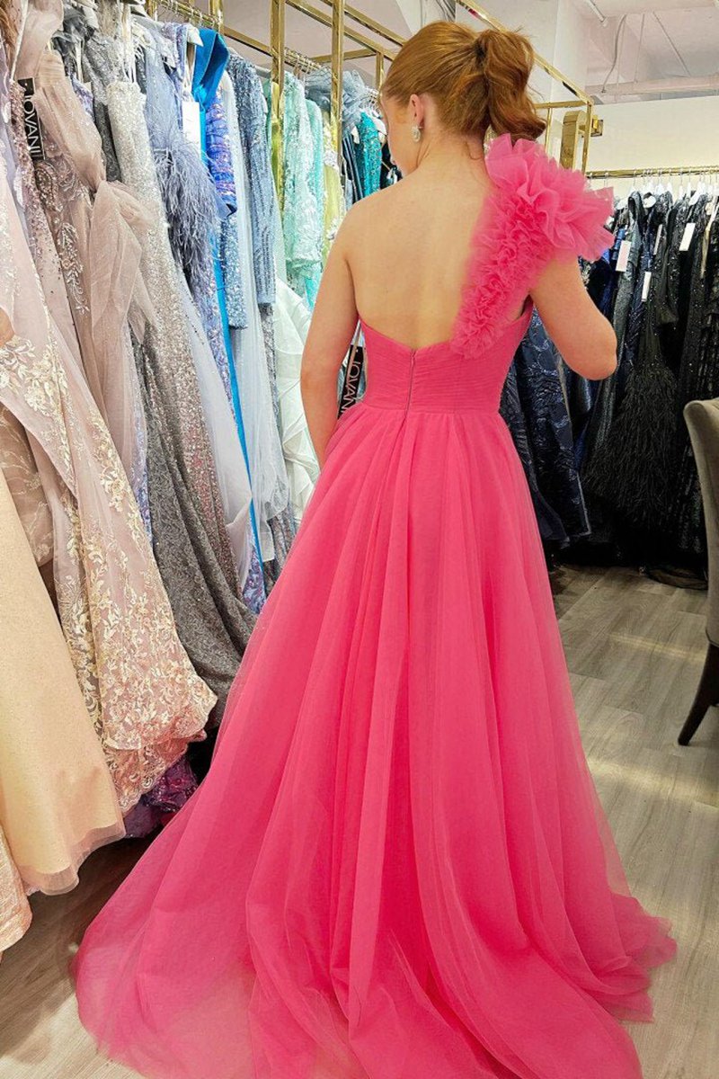 A-line One Shoulder Long Tulle Prom Dresses with Ruffles