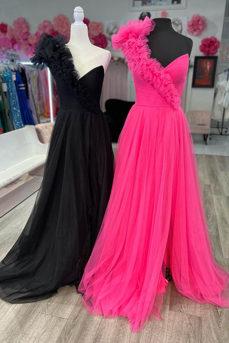 A-line One Shoulder Long Tulle Prom Dresses with Ruffles
