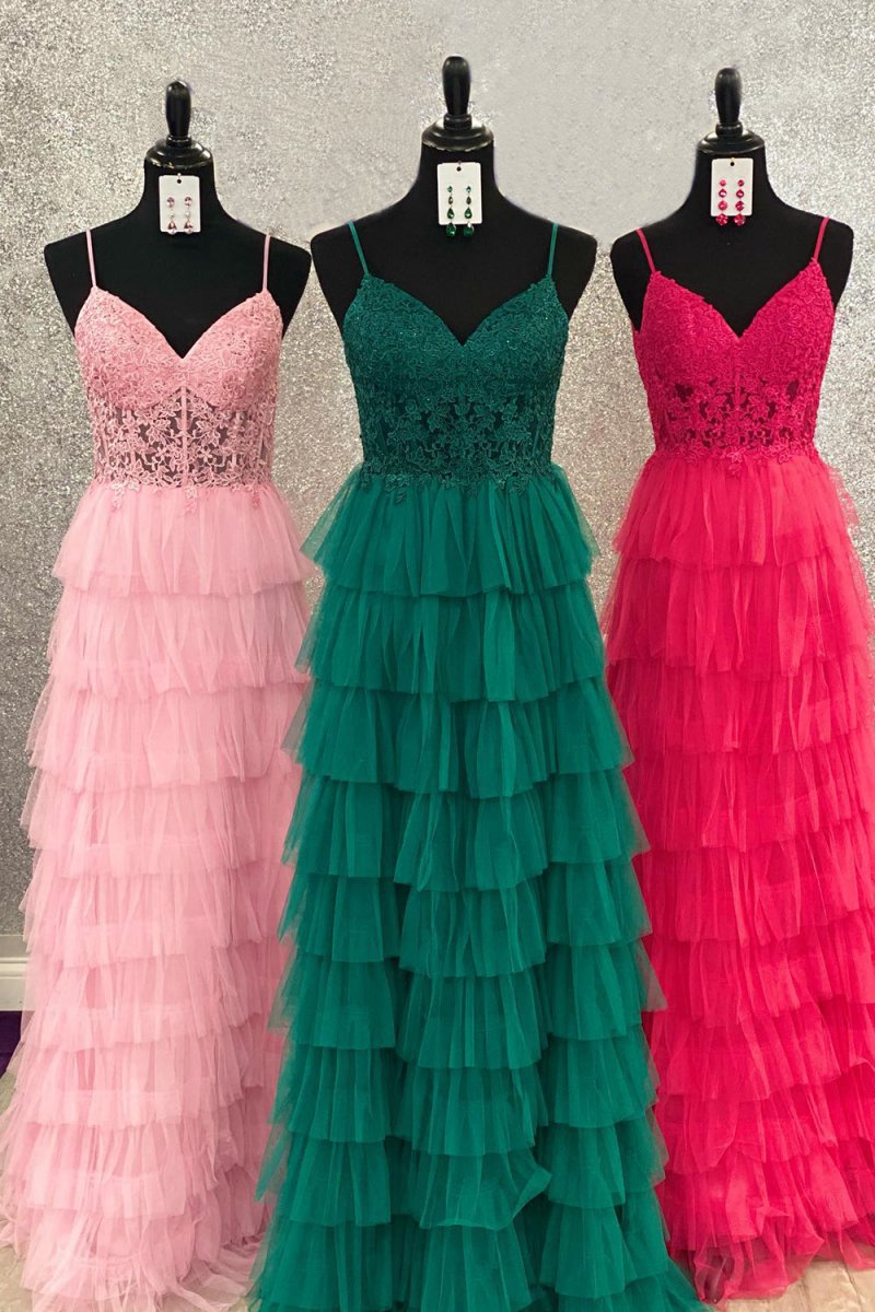 A-line Tie Tulle Long Prom Dresses with Lace