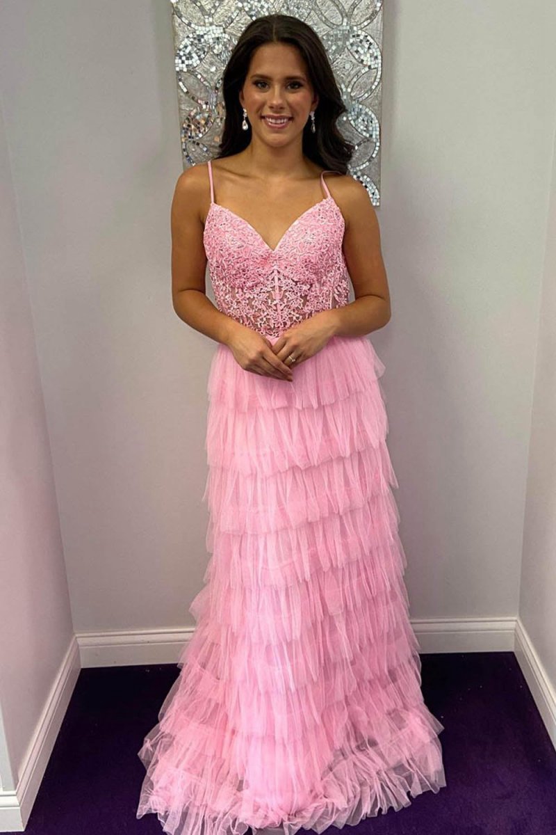 A-line Tie Tulle Long Prom Dresses with Lace