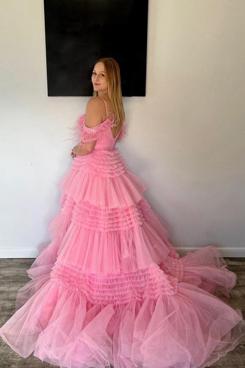 A-line Spaghetti Straps Glitter Tulle Prom Dresses with Slit