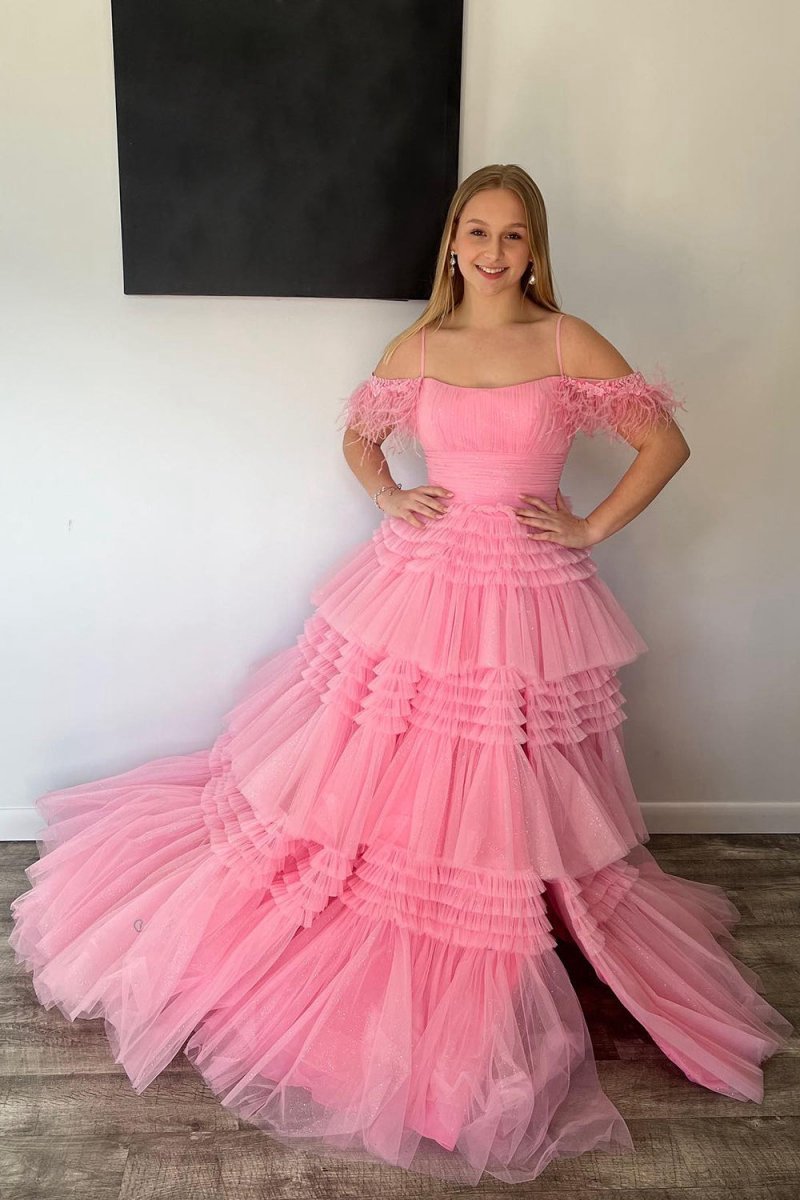 A-line Spaghetti Straps Glitter Tulle Prom Dresses with Slit