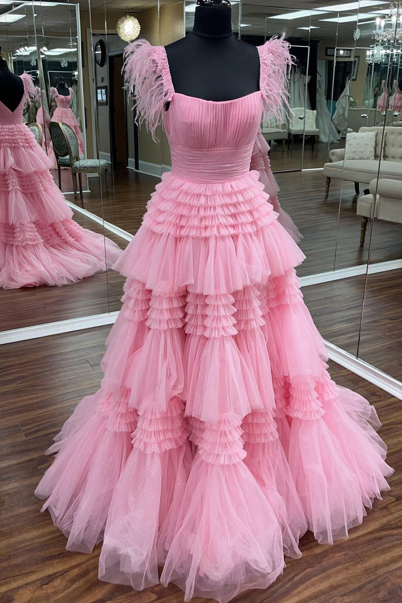 A-line Spaghetti Straps Glitter Tulle Prom Dresses with Slit