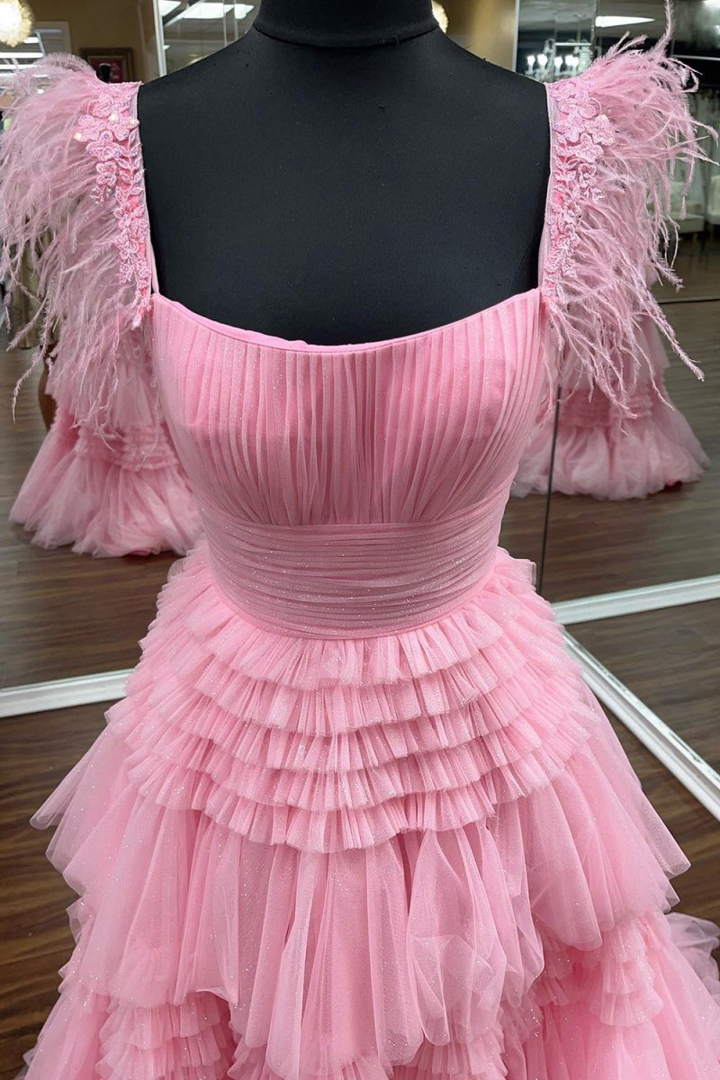 A-line Spaghetti Straps Glitter Tulle Prom Dresses with Slit