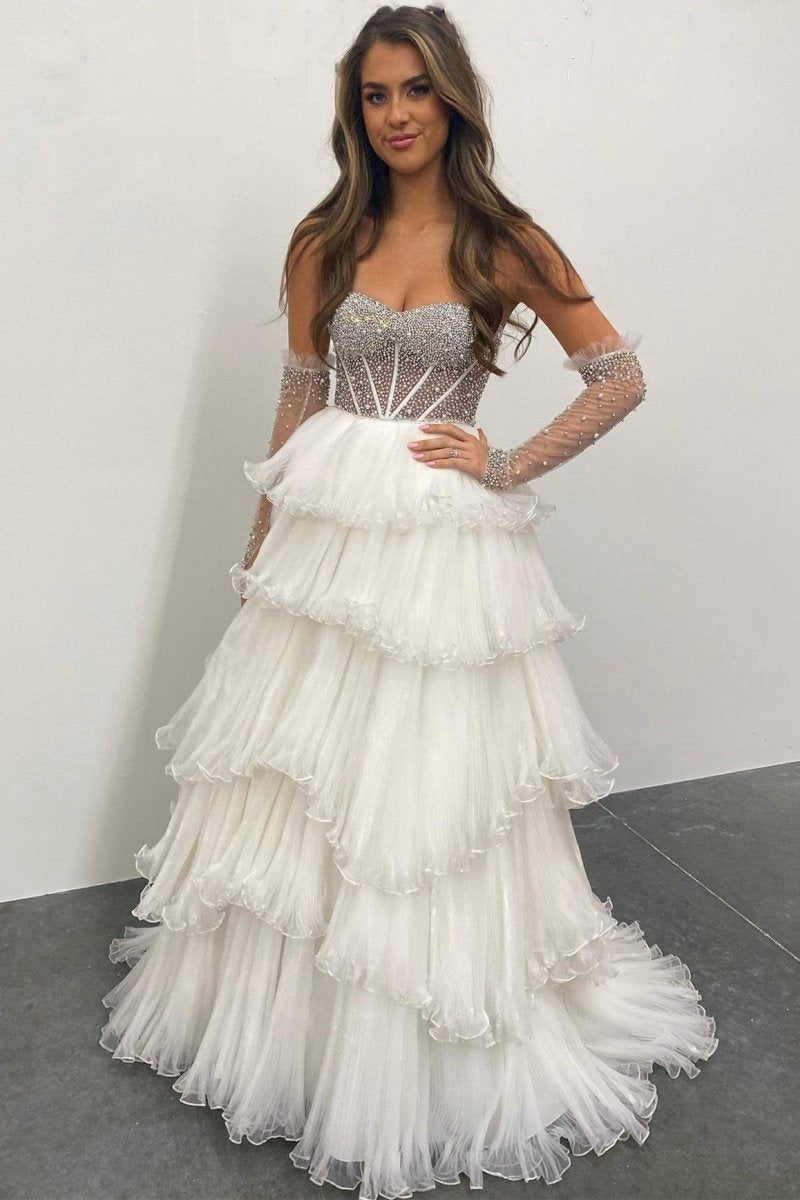 A-line Sweetheart Tie Organza Prom Dresses with Detachable Sleeves