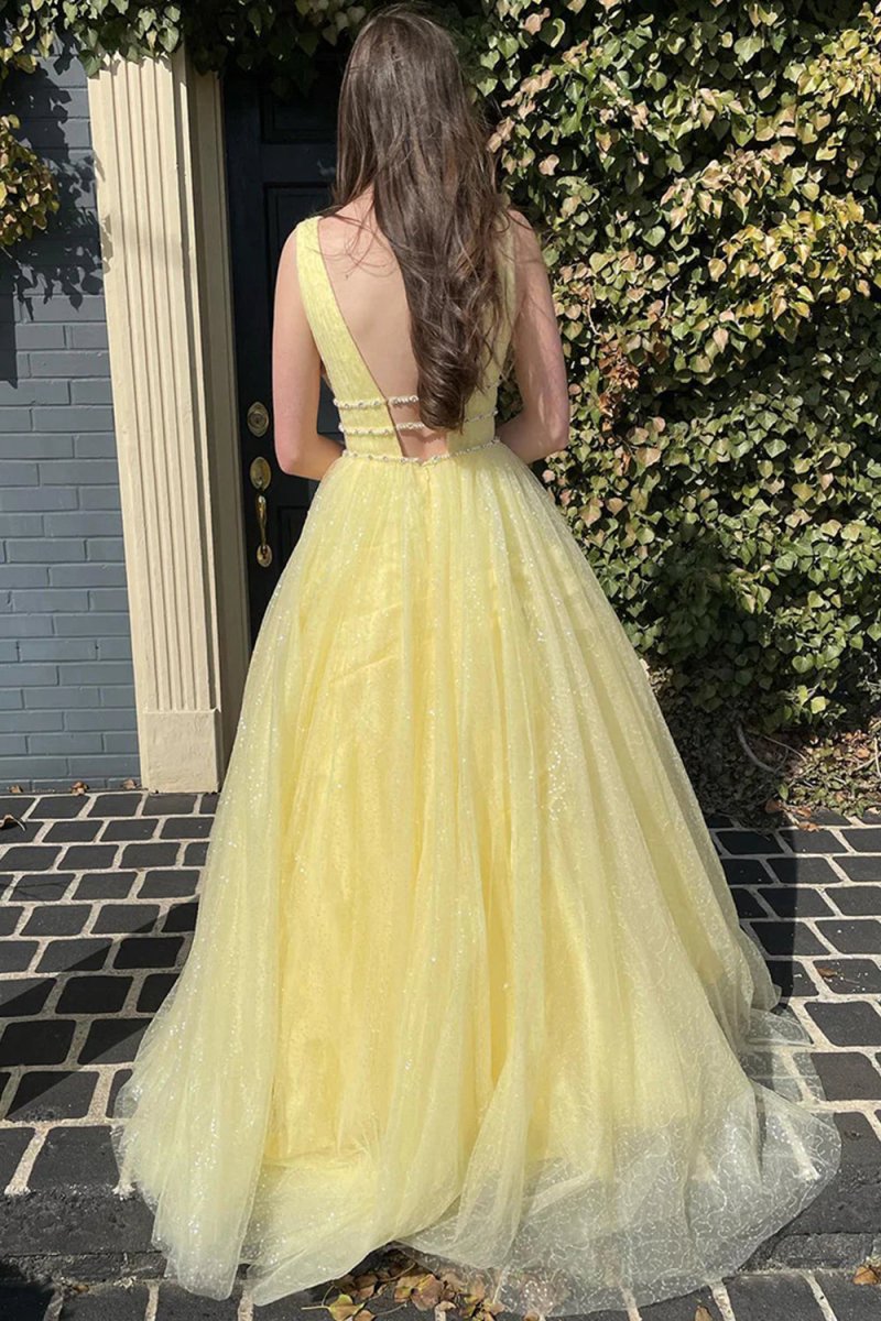 A-line V Neck Glitter Tulle Prom Dresses