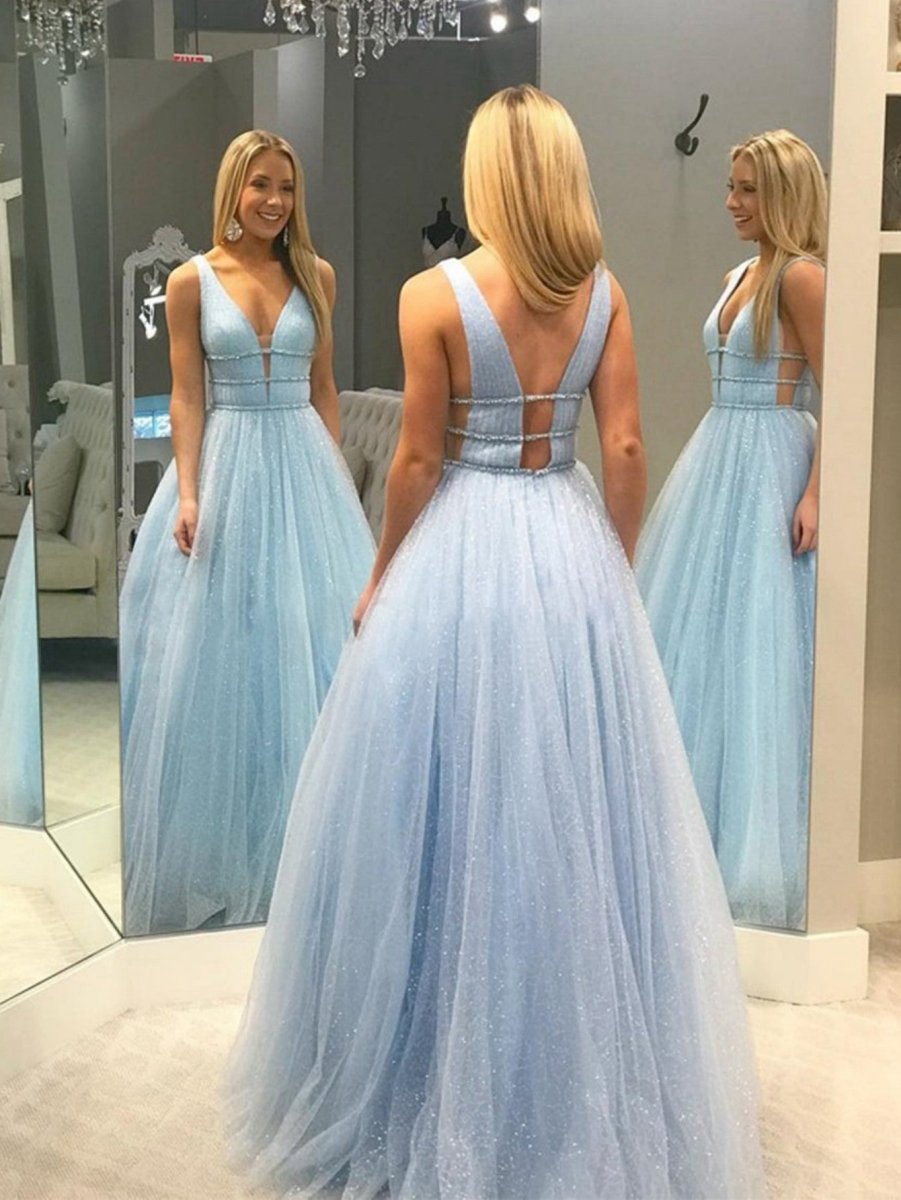 A-line V Neck Glitter Tulle Prom Dresses
